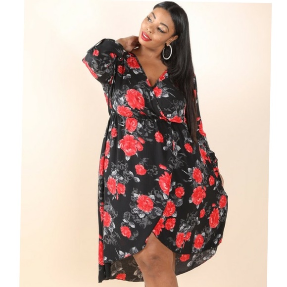 New Plus Size Red Midi Wrap floral Dress - Picture 7 of 8